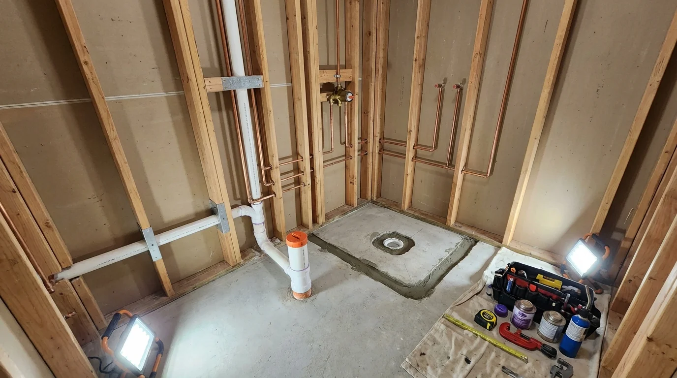 Bathroom rough-in plumbing during remodel by Johns Plumbing LLC in Ashley