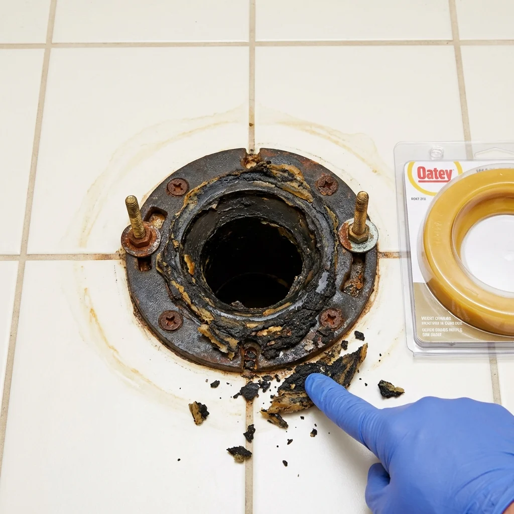 Failed wax ring showing water seepage at the base of a toilet in a Ashley, OH home