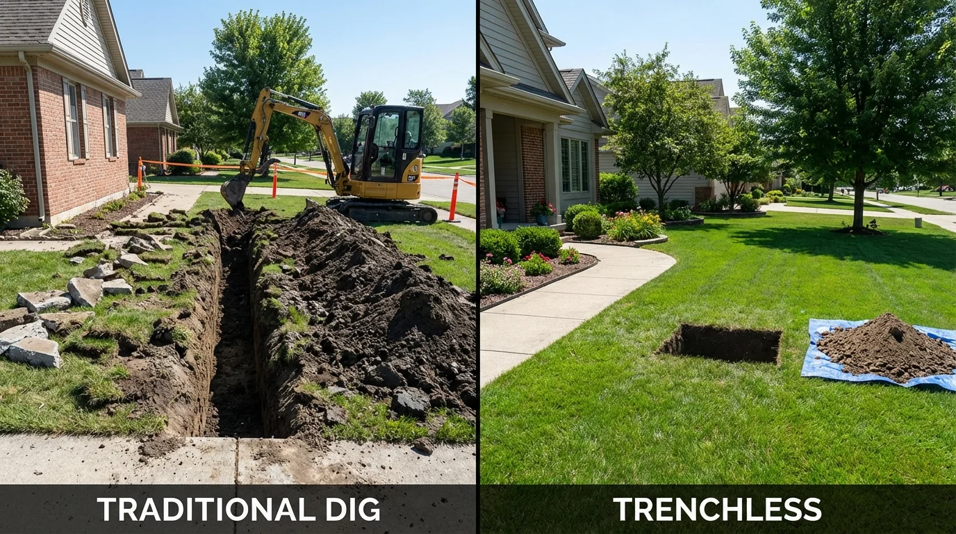 Trenchless sewer repair with minimal yard damage versus traditional excavation in Ashley, OH